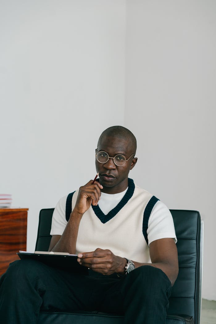 Bald man wearing eyeglasses, sitting with a notebook, looking serious indoors.